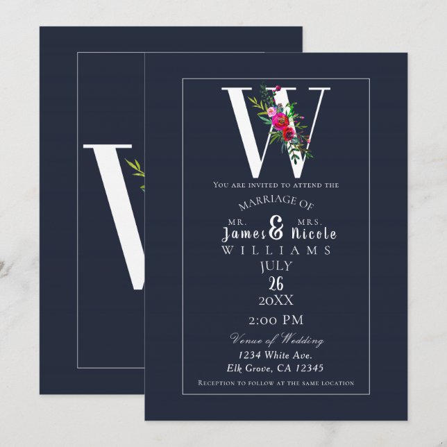 W Monogram letzte erste Hochzeit mit moderner Blau Einladung (Vorne/Hinten)