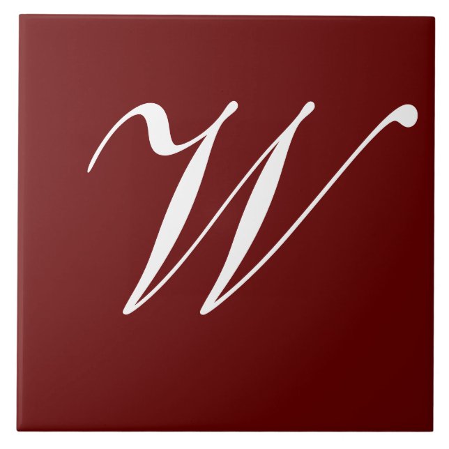 W Monogramm Initiale Weiß auf Burgunderrot Fliese (Vorderseite)