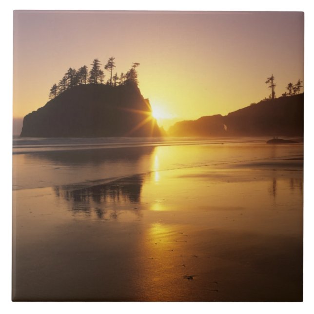 WA, Olympic NP, Second Beach bei Sonnenuntergang Fliese (Vorderseite)