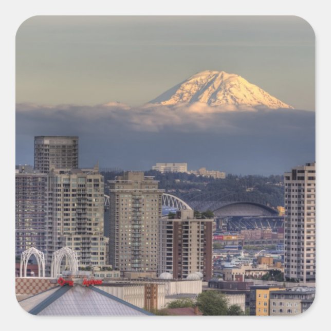 WA, Seattle, Monte Rainier aus Kerry Park Quadratischer Aufkleber (Vorderseite)
