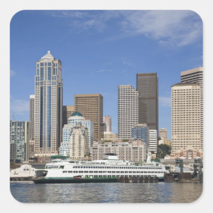 WA, Seattle, Seattle Skyline mit Fähre Quadratischer Aufkleber