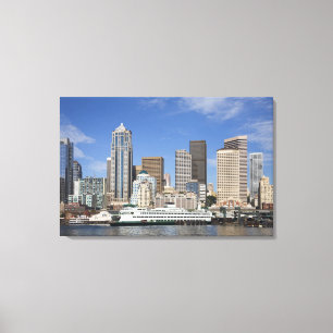 WA, Seattle, Skyline von Seattle mit Fähre Leinwanddruck
