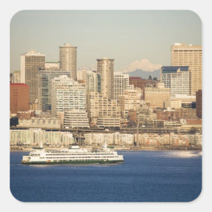 WA, Seattle, Skyline von Seattle und Elliott Bay Quadratischer Aufkleber