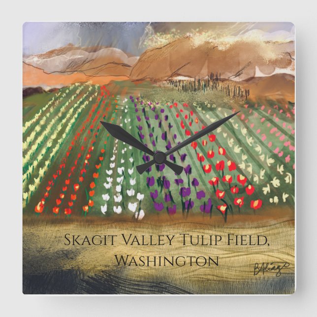 WA Skagit Tulip Fields von WA Skagit Tulip Quadratische Wanduhr (Vorderseite)