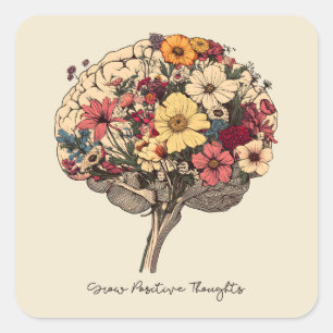 Wachsende positive Gedanken Gehirn Blumenstil T -  Quadratischer Aufkleber