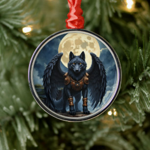 Wächter des Mondes – Der schwarzflügelige Wolf Ornament Aus Metall