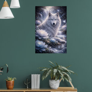 Wächter Weißer Wolf unter dem Mond Poster
