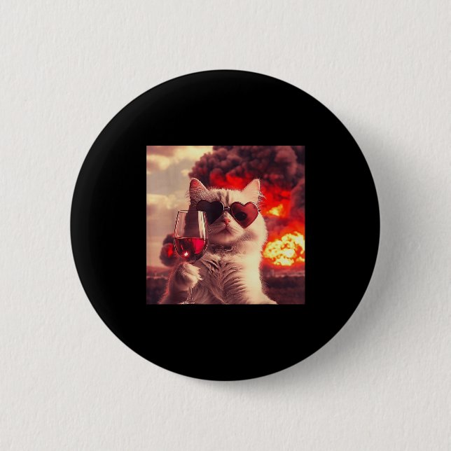 Wacky Cat Holding Wine Selfi With Fire Funny Sungl Button (Vorderseite)