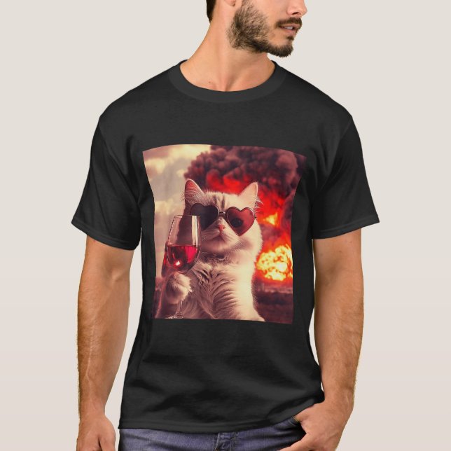 Wacky Cat Holding Wine Selfi With Fire Funny Sungl T-Shirt (Vorderseite)