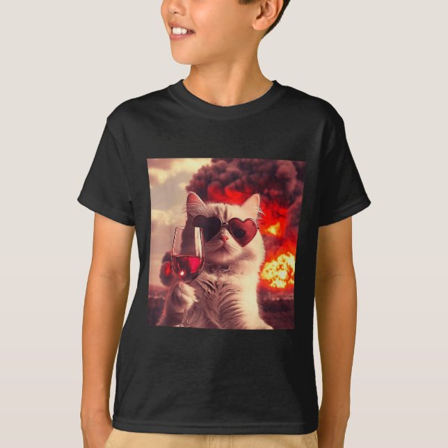Wacky Cat Holding Wine Selfi With Fire Funny Sungl T-Shirt (Vorderseite)