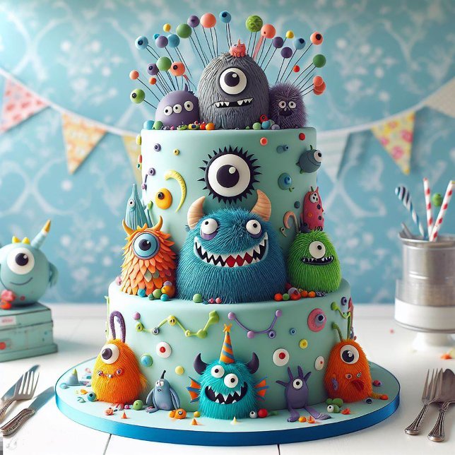 WACKY MONSTERS DEKORIERTER KINDERGEBURTSTAG CAKE KARTE (Von Creator hochgeladen)