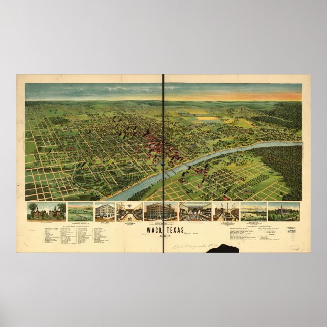 Waco Texas 1892 Antique Panoramabalkarte Poster (Vorne)