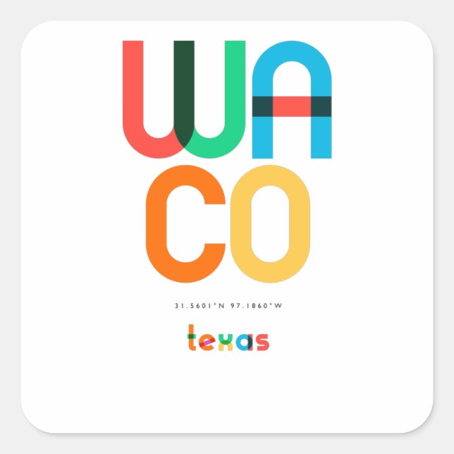 Waco Texas Mitte Jahrhundert, Pop Art, Quadratischer Aufkleber (Vorderseite)