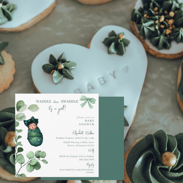 Waddle dann Swaddle Es ist eine Mädchen-Green-Baby Einladung (Von Creator hochgeladen)