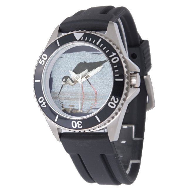 Wading Bird Black and White Coast Beach Animal Armbanduhr (Schrägansicht)