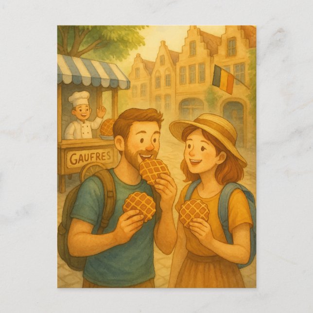 Waffelmoment in Belgien - Illustrierte Reisepost Postkarte (Vorderseite)