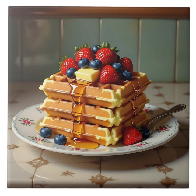 Waffeln mit Erdbeeren und Blaubeeren Fliese (Vorderseite)