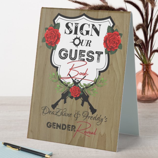 Waffen oder Rose Gender Reveal Baby Shower Gästebu Tischaufsteller (In Situ (Tisch))