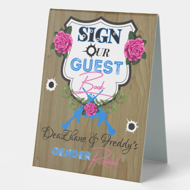 Waffen oder Rose Gender Reveal Baby Shower Gästebu Tischaufsteller (Vorderseite)