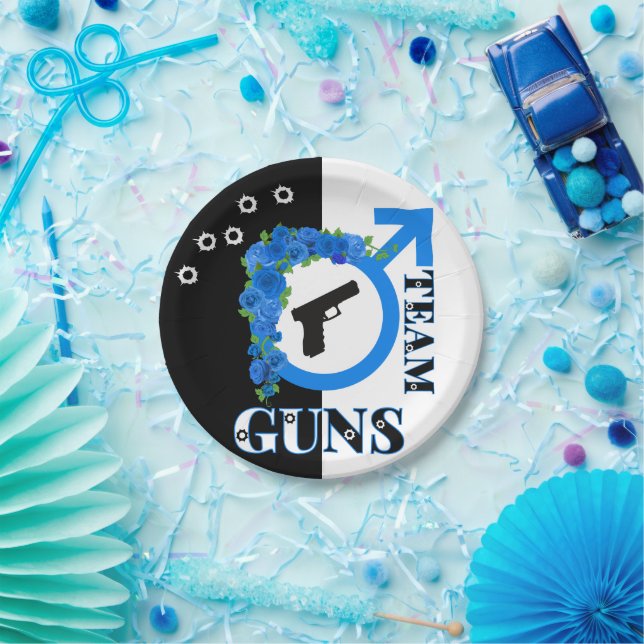 Waffen oder Rose Gender Reveal Blue Team GUNS Pappteller (Party)