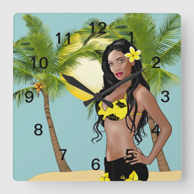 Wahine Button-up Wall Clock Day Square Quadratische Wanduhr (Vorderseite)