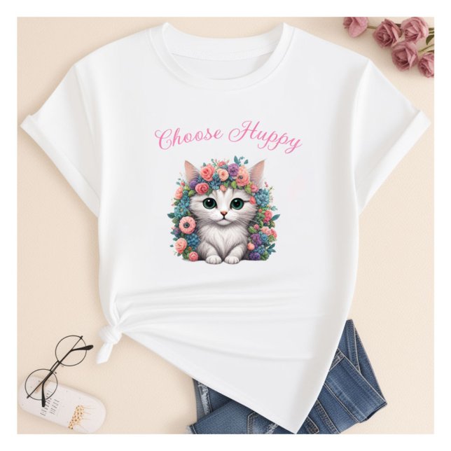 Wählen Sie Happy Cat Print T - Shirt aus (Von Creator hochgeladen)