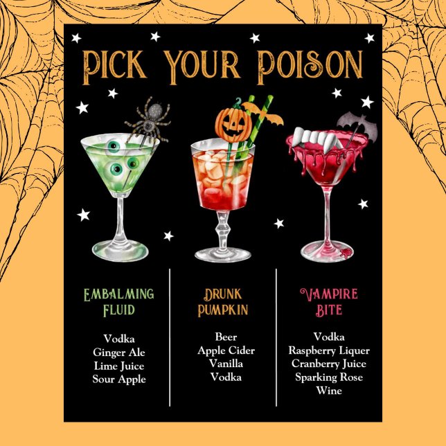 Wählen Sie Ihr Poison Halloween 3 Cocktailmenü Poster (Pick Your Poison Halloween 3 Cocktail Menu Poster)
