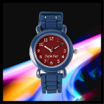 WÄHLEN SIE IHRE FARBEN, Ihren Namen, Kids Blue Wri Armbanduhr<br><div class="desc">Diese lustige Armbanduhr mit einem blauen Silikonband kann nach Ihren Wünschen angepasst werden. Sie können IHRE EIGENE FARBE auswählen, um den Hintergrund auf der Uhr zu ersetzen, und Sie können den Text sagen lassen, was immer Sie gewollt haben. Oder behalt mein bordeauxfarbenes und weißes Design. Alle Rechte vorbehalten © 2023...</div>