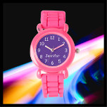 WÄHLEN SIE IHRE FARBEN, Name, Kinder Pink Lila Han Armbanduhr<br><div class="desc">Diese lustige Armbanduhr mit einem rosa Silikonband lässt sich nach Ihren Wünschen anpassen. Sie können IHRE EIGENE FARBE auswählen, um den lila Hintergrund auf der Uhr zu ersetzen, und Sie können den Text sagen lassen, was Sie gewollt haben. Oder behalt mein lila-weißes Design. Alle Rechte vorbehalten © 2023 Alan &...</div>