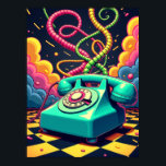 Wählen Sie im Neon Dream - Retro Surreal Pop Art Poster<br><div class="desc">Treten Sie zurück in die Zeit und wählen Sie in eine surreale Dimension mit diesem lebendigen Kunstwerk, in dem Nostalgie eine fantastische Wendung nimmt. Dieses Stück erzählt die Geschichte eines Vintagen Drehtelefons, das sich nicht als Relikt, sondern als Herzstück einer hochenergetischen, Pop-Kunst-Traumlandschaft vorstellt. Sein glänzender, pastellfarbener aquamariner Körper bildet das...</div>