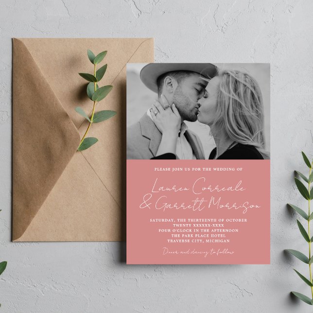 Wahre Einfachheit 3 Moderne, rosa Foto Hochzeit Einladung (Von Creator hochgeladen)