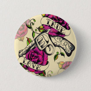 Wahre Liebe-Pistolen- und Rosengrafik, Rosa u. Button