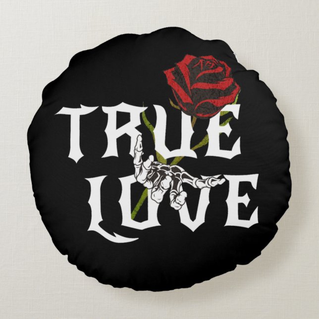 Wahre Liebe Rote Blume und Schädelhand Rundes Kissen (Rückseite)