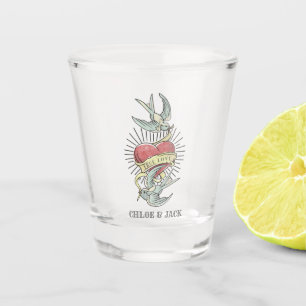 Wahre Liebe Vintage Tattoo Birds mit Herz Schnapsglas