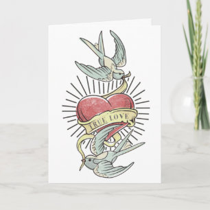 Wahre Liebe   Vintage-Tattoo-Vögel mit Herz Karte