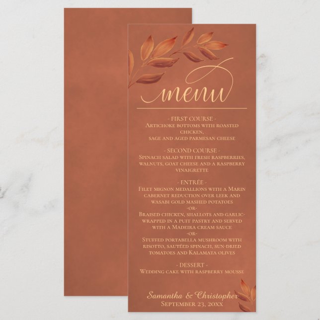 Wahre Terracotta-Blätter Moderne Skripthochzeit Menükarte (Vorne/Hinten)