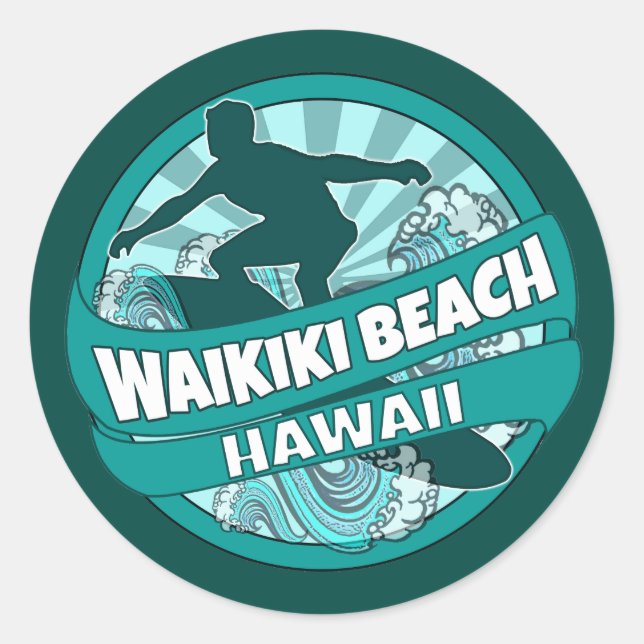Waikiki Beach Hawaii aquamarine Logo-Aufkleber für Runder Aufkleber (Vorderseite)