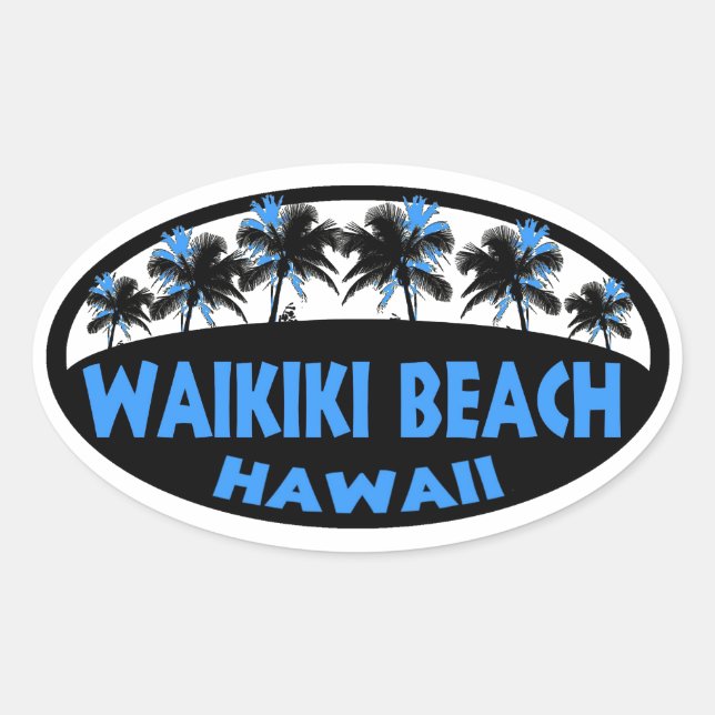 Waikiki Beach Hawaii blaue schwarze Palmen ovaler  Aufkleber (Vorderseite)