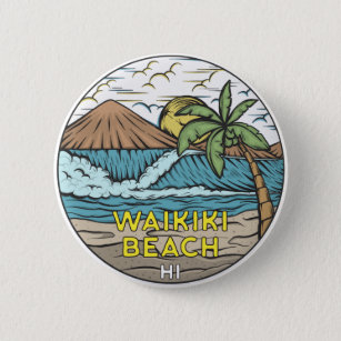 Waikiki Beach Hawaii Vintag Button