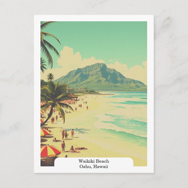 Waikiki Beach, Oahu, Hawaii Retro Travel Postkarte (Vorderseite)
