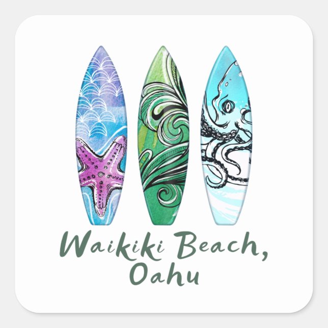 Waikiki Beach Oahu Surfbretter Quadratischer Aufkleber (Vorderseite)