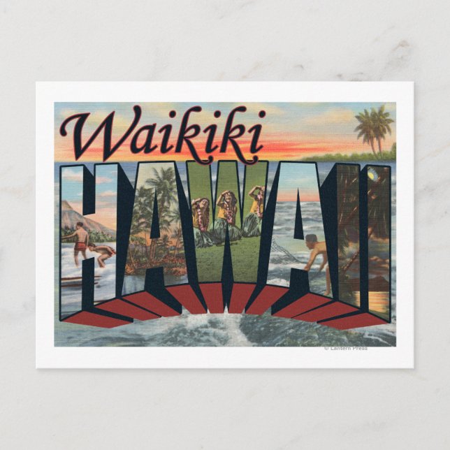 Waikiki, Hawaii - Große Briefszenen Postkarte (Vorderseite)