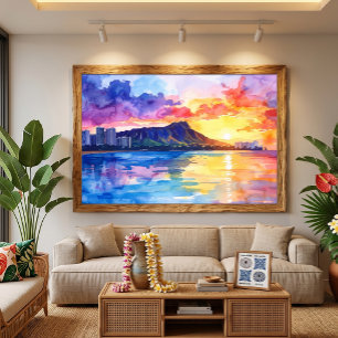 Waikiki-Sonnenaufgang Diamond Head Aquarell Hawaii Leinwanddruck