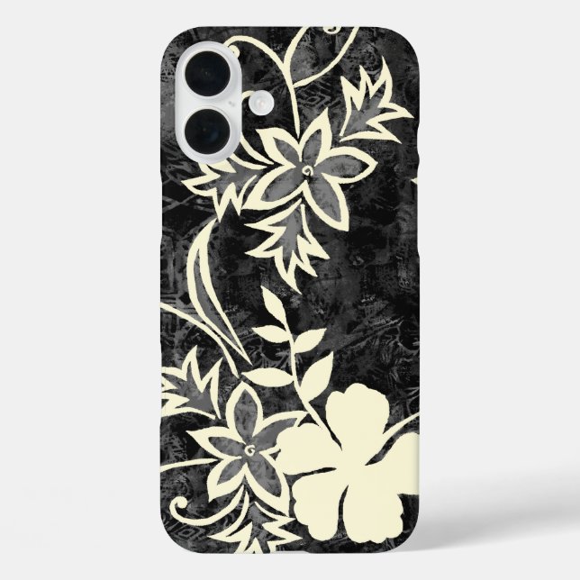 Waimanalo Hawaiian Hibiskus Batik Black iPhone 16 Plus Hülle (Rückseite)
