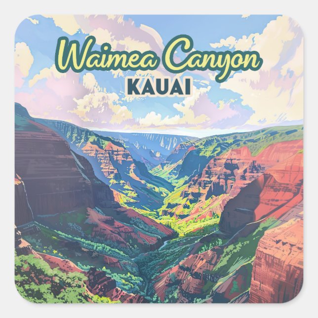 Waimea Canyon Kauai Hawaii Landscape Retro Quadratischer Aufkleber (Vorderseite)