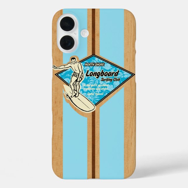 Waimea Surfboard Hawaiian Imitats Wood Aqua iPhone 16 Plus Hülle (Rückseite)