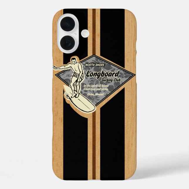 Waimea Surfboard Hawaiian Imitats Wood Black iPhone 16 Plus Hülle (Rückseite)