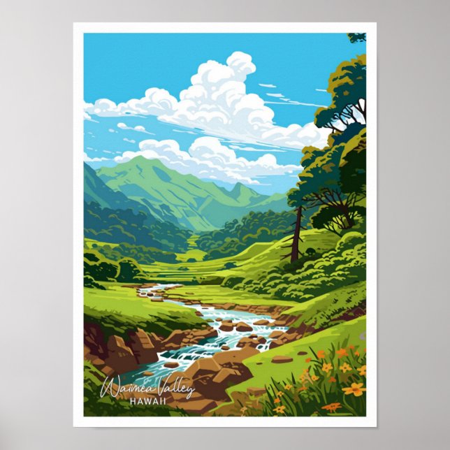 Waimea Valley Hawaii Reisen Vintage Illustration Poster (Vorne)