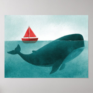 Wal & Segelboot – Minimale Ozeankunst Poster