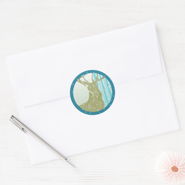 Wald Aquamarine Limone Buck Deer Birch Tree Schnee Runder Aufkleber (Umschlag)